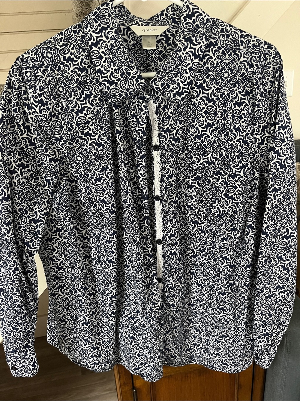 CJ Banks Navy & White Printed Button-Down Shirt